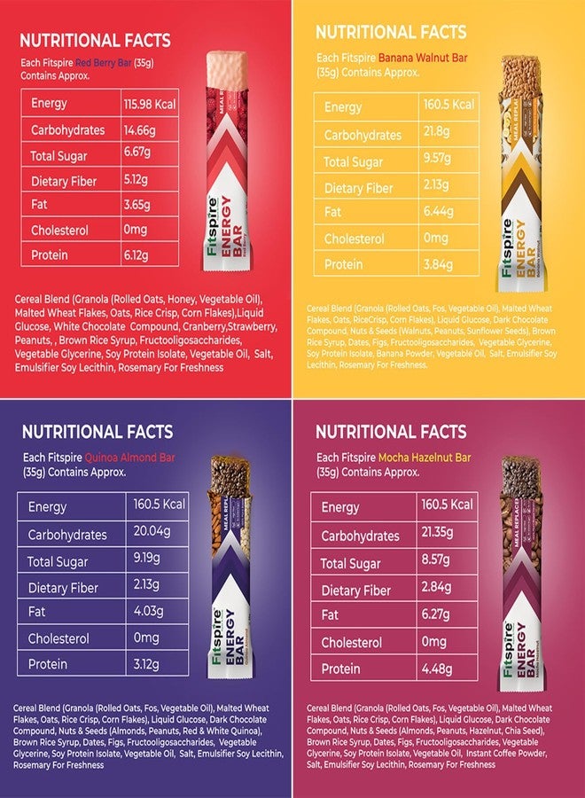 Fitspire Energy Bar Assorted Pack Of 4 x 35g | Red Berry, Banana Walnut, Mocha Hazelnut & Quinoa Almond Flavour | Natural Energy, Gluten-Free, Zero Added Sugar & Immunity Support for Active Lifestyles - Image 2